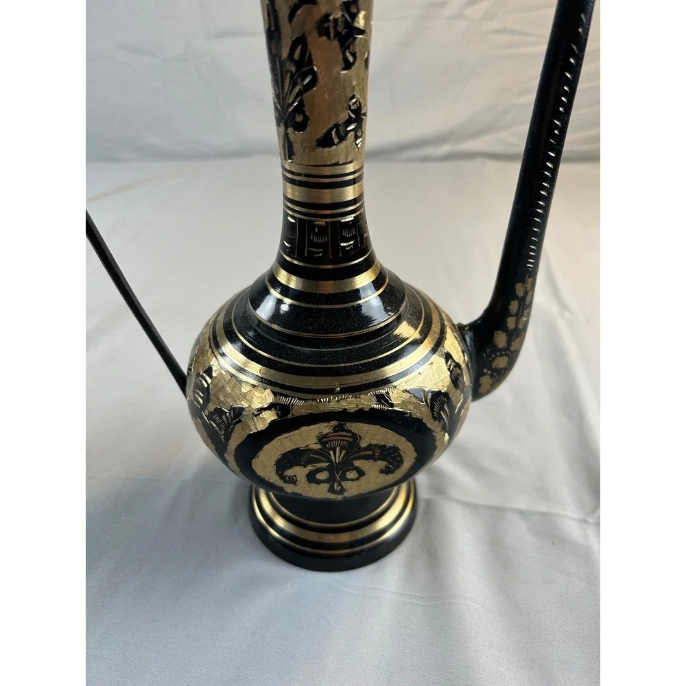 Vintage Brass And Black Etched Surahi Vessel - 18‎ 1/2